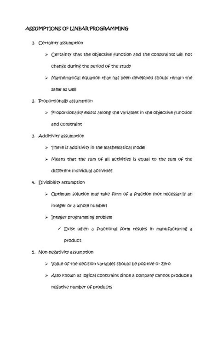 What are the main assumptions of linear programming?