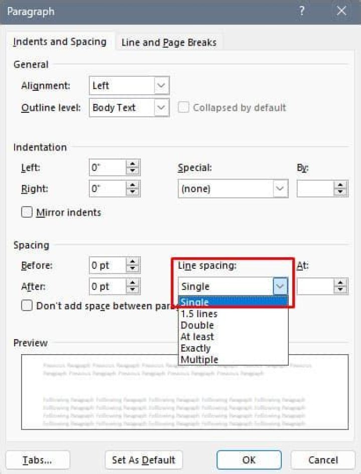Which command is used to set single line spacing?